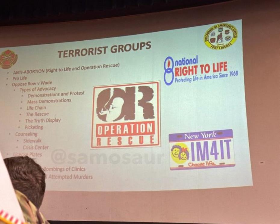 A slide from a Fort Liberty military training which suggested National Right to Life and PETA were terror organizations.