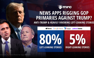MRC original graphic featuring President Donald Trump alongside Vivek Ramaswamy and Ken Paxton. The graphic highlights MRC data showing that, during the first 100 days of the primaries, 80% of featured stories came from left-leaning outlets, compared to just 5% from right-leaning outlets.